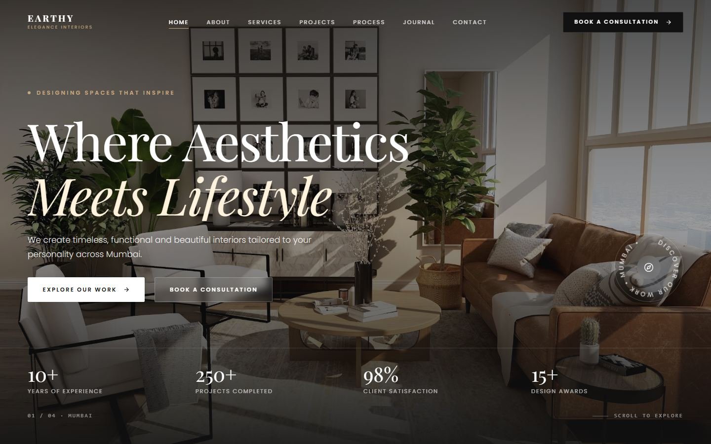 Earthy Elegance Interiors homepage, Architecture website in Mumbai