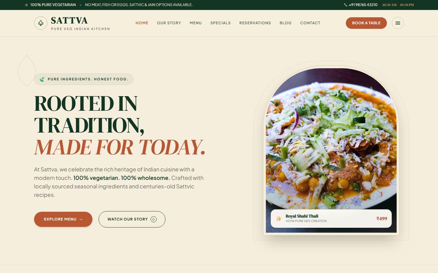 Sattva — Pure Veg Kitchen, Hospitality website