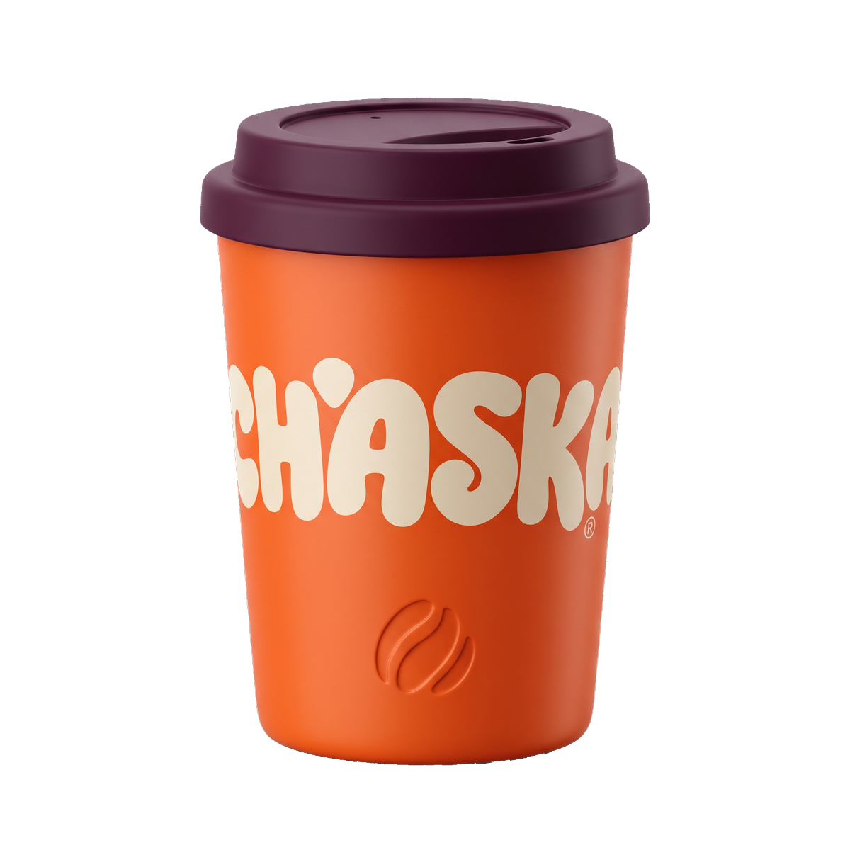 Chaska reusable travel cup in mulberry with a tangerine lid