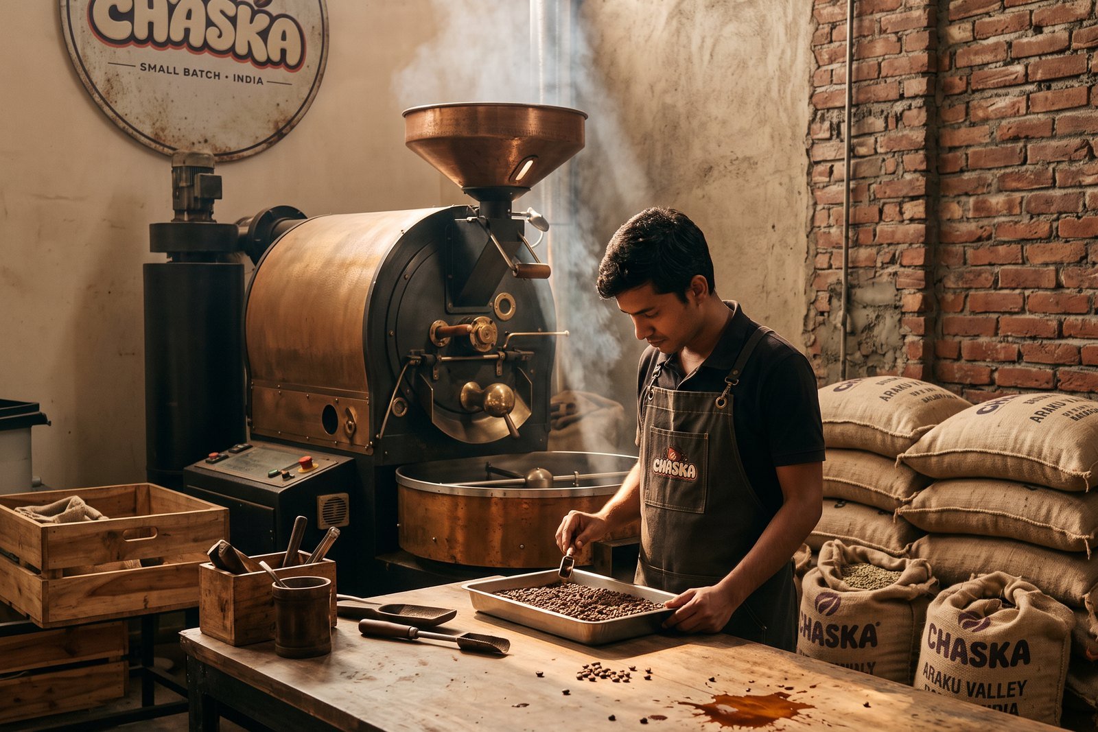 The drum roaster mid-batch at the Chaska roastery, beans visible in the trier