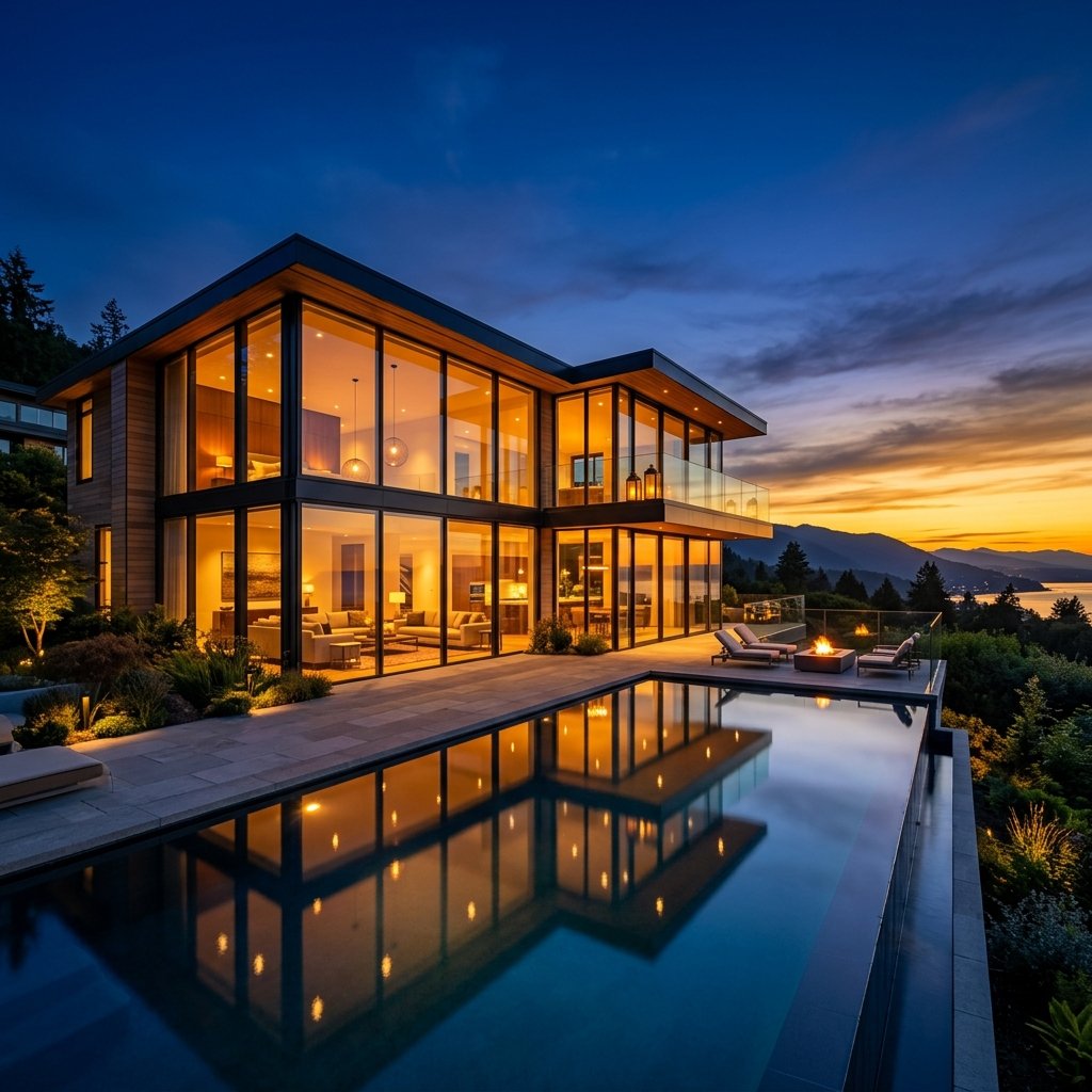 Modern glass estate glowing at dusk with an illuminated infinity pool