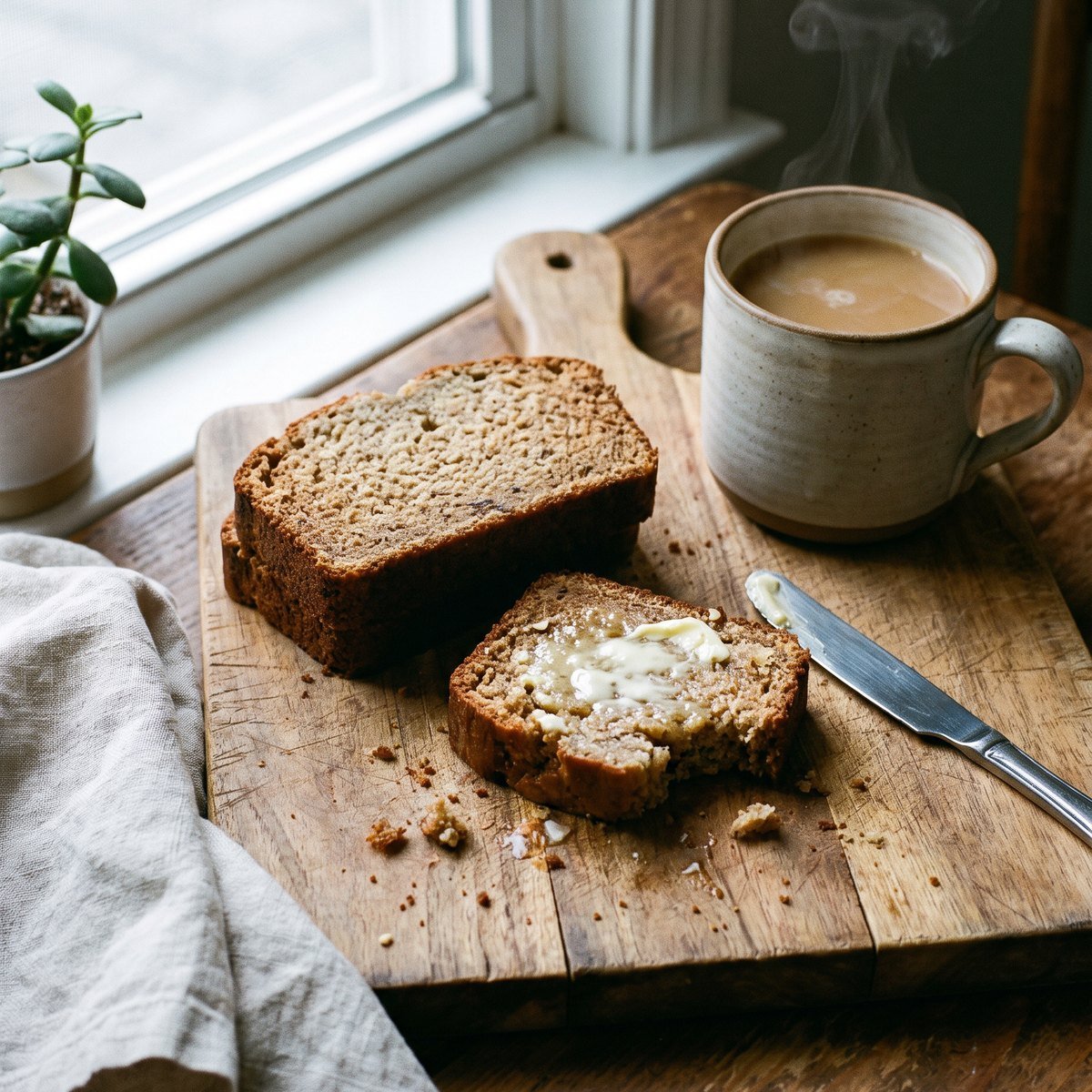 A cut loaf of banana bread on a wooden board at the bakery counter