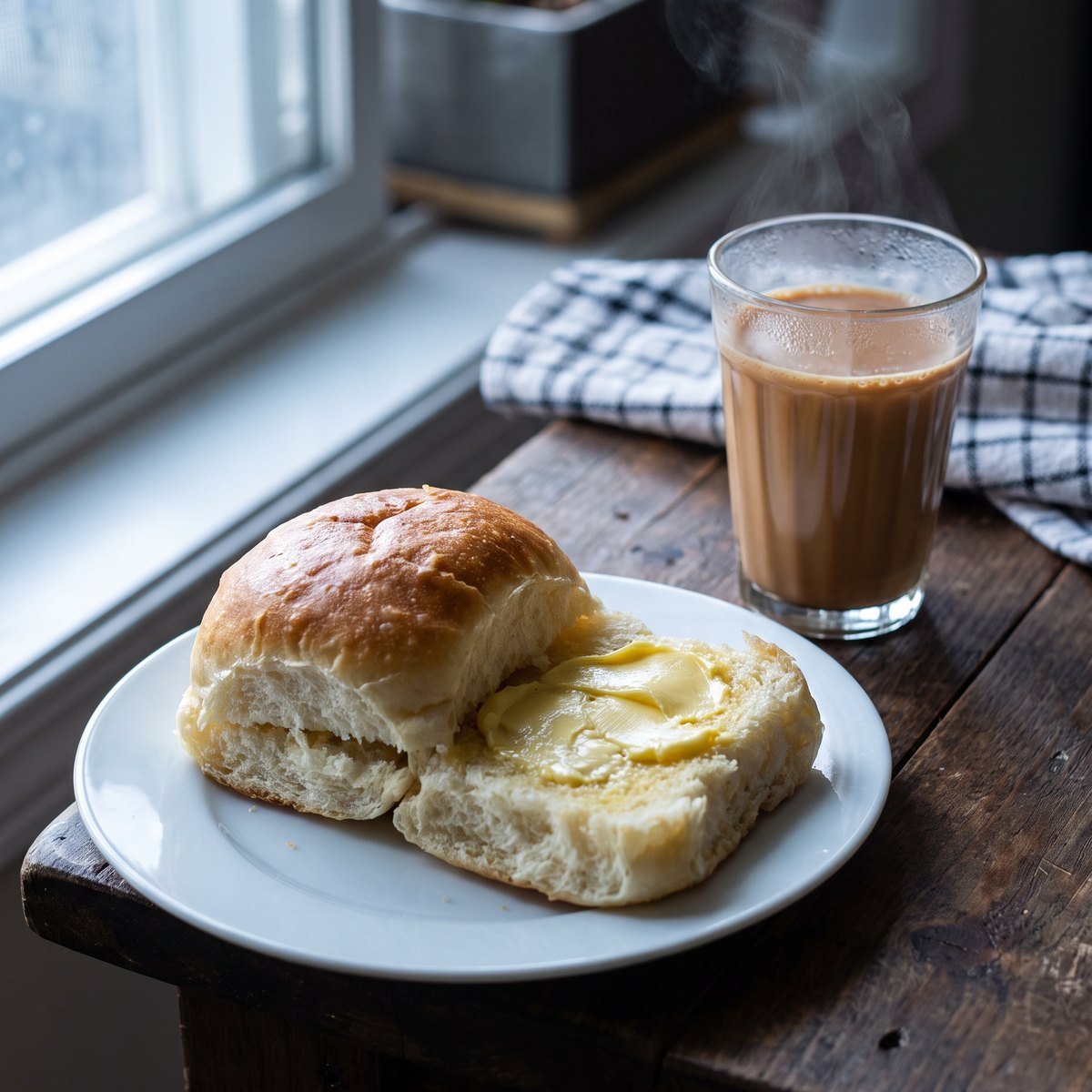 A split bun thick with butter on a plate beside a cup of tea