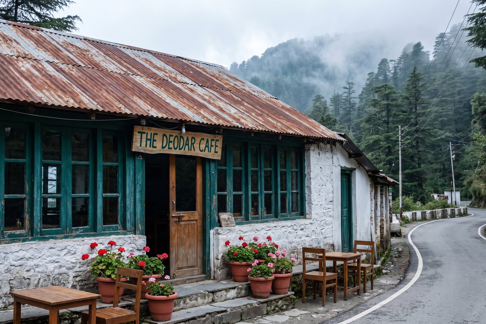 The teal-framed door and windows of Musafir Cafe on Landour Road, pines behind the roof
