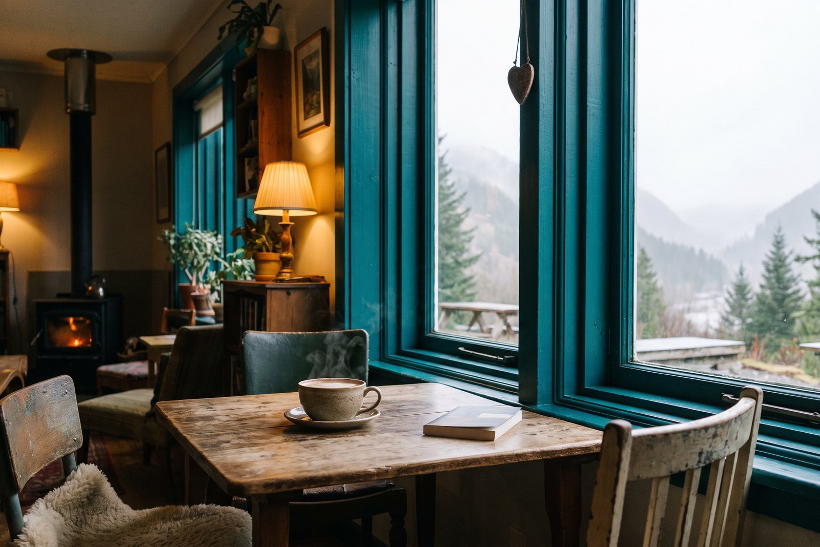 Inside Musafir Cafe: wooden tables along a wide window looking out over the valley