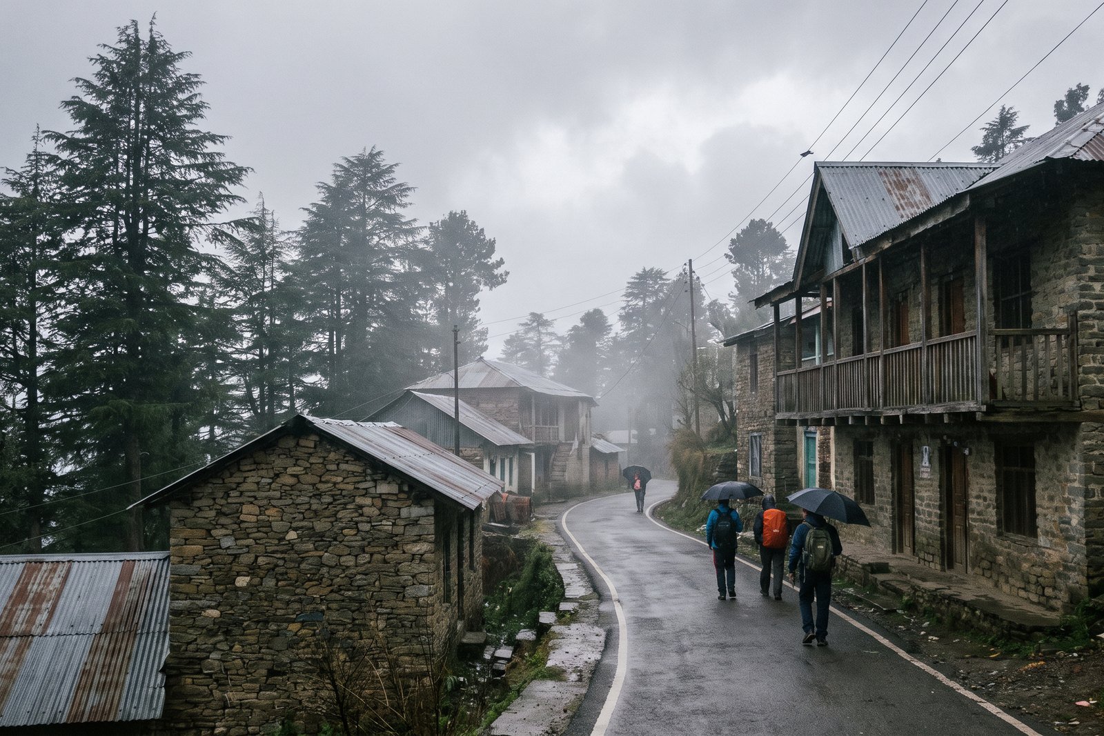 The narrow road climbing past pines towards Char Dukan in Landour