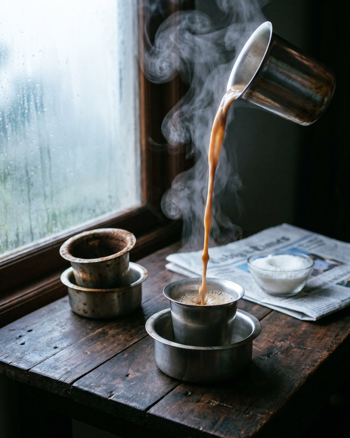 South Indian filter coffee being poured between two steel tumblers at the counter