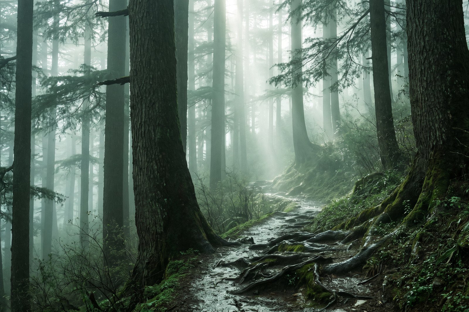 Mist moving through a stand of deodar pines on the path above Mussoorie