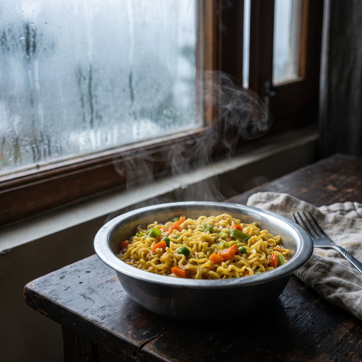 A pan of Maggi noodles with vegetables and pepper, served hot at the table