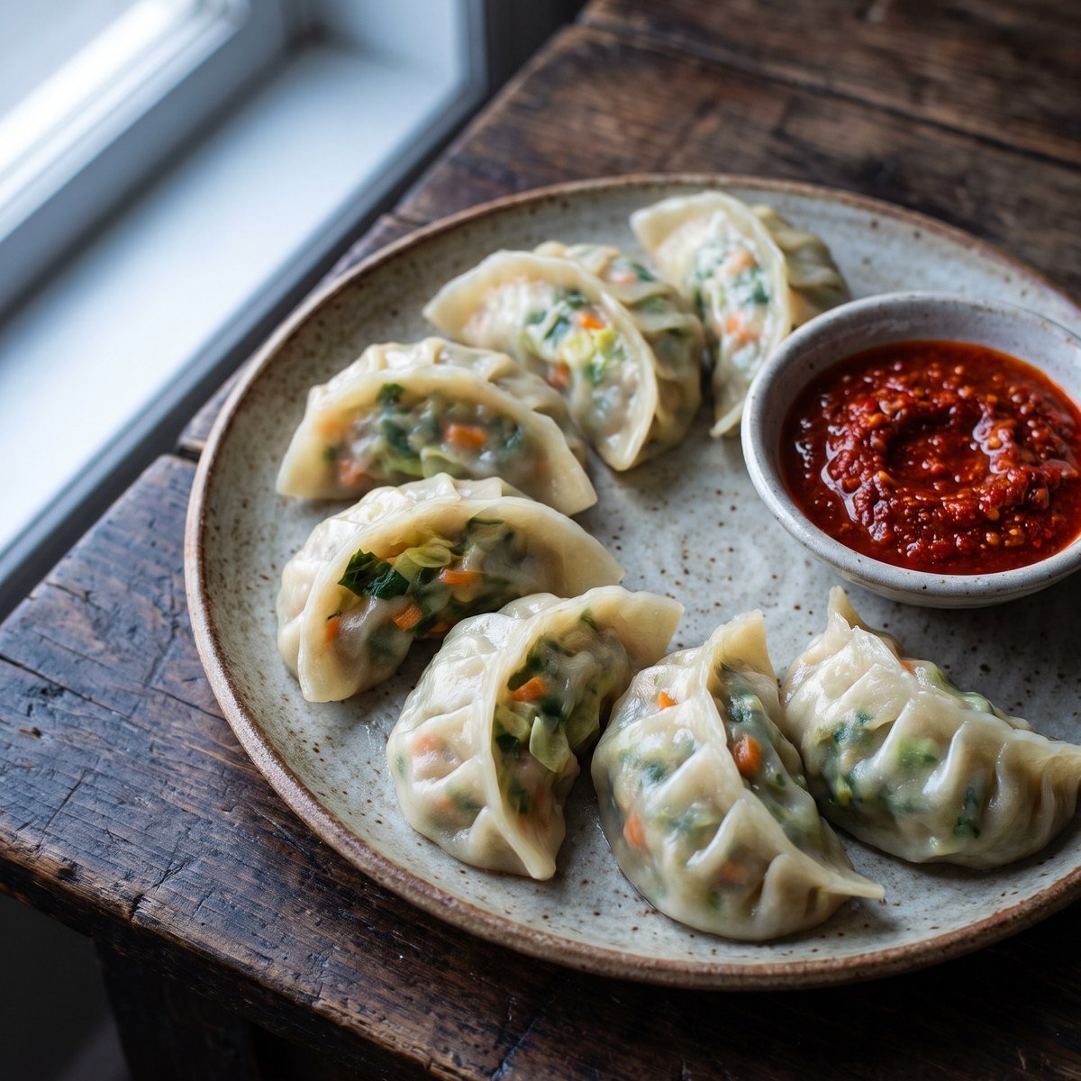 A plate of steamed vegetable momos with a bowl of red chilli chutney