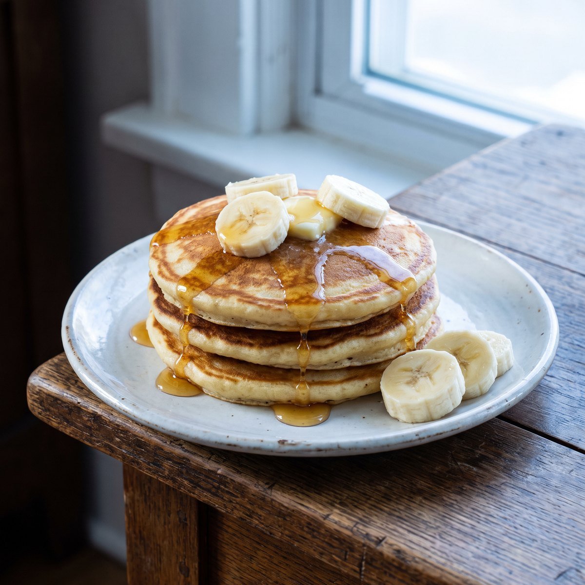 A stack of pancakes with butter and honey on a plate by a window