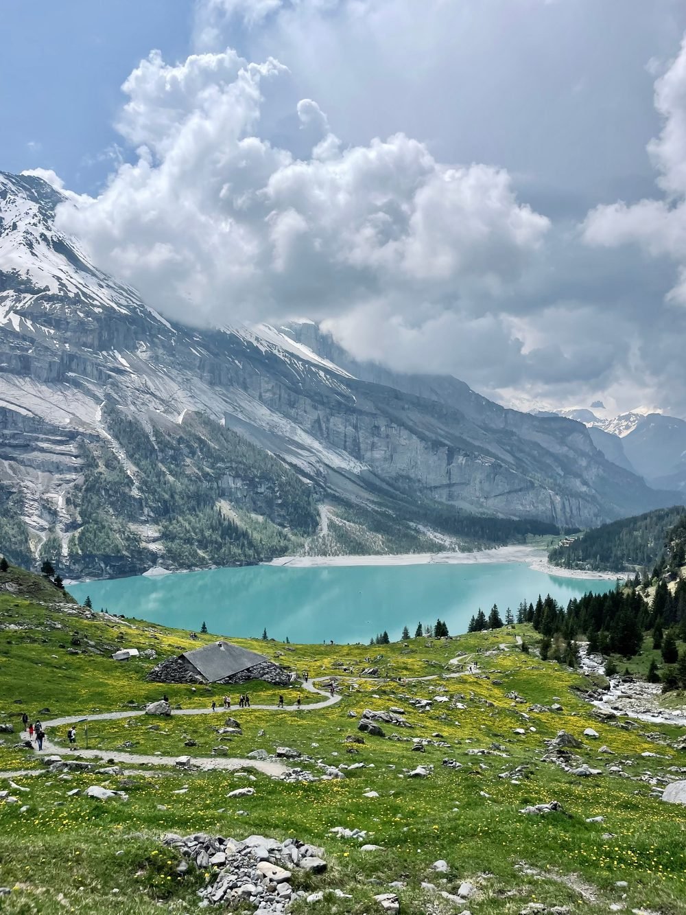 A still alpine lake in Switzerland below snow-covered peaks, green meadow in the foreground