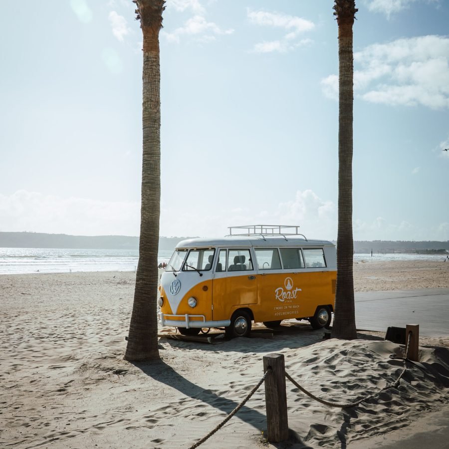 A camper van parked under palm trees on a road trip stop