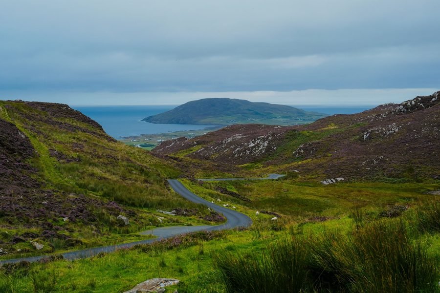 A narrow road curving away between green hills toward the coast