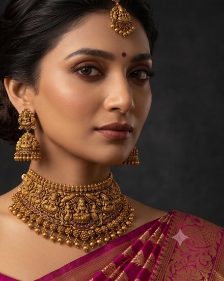 A bride wearing a heavy handcrafted antique finish gold choker with intricate goddess Lakshmi motifs and matching earrings