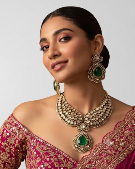 A bride in a regal magenta lehenga wearing an intricate uncut polki choker with green emerald pendant and matching chandelier earrings