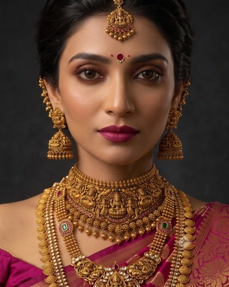 An Indian bride adorned in the 22K Rajmahal bridal jewellery set with choker, haar and maang tikka