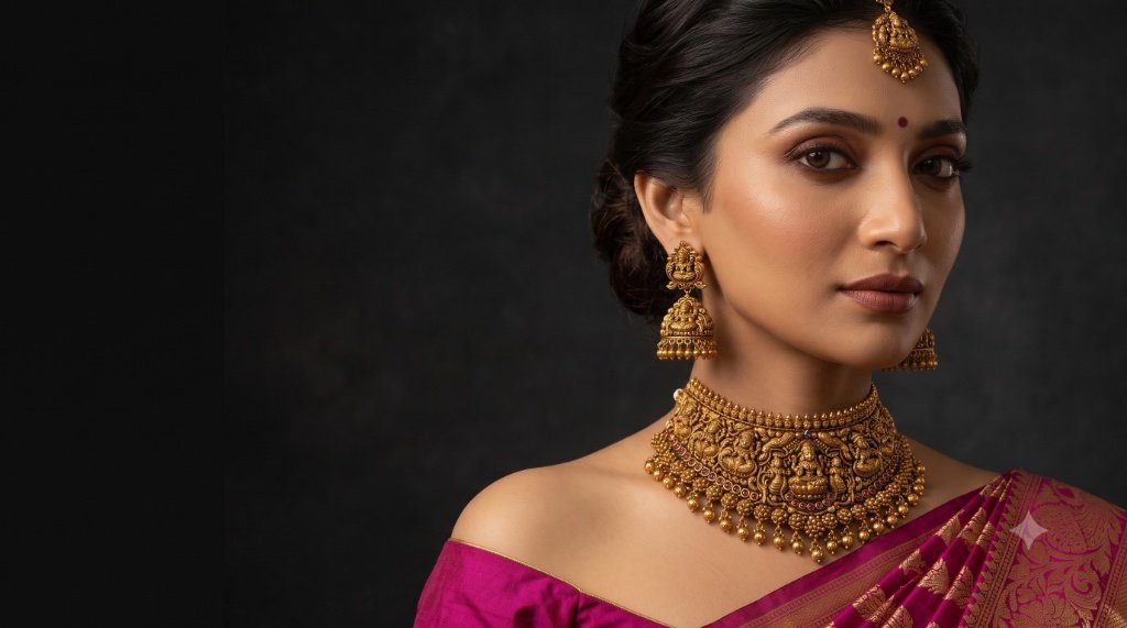 A bride wearing a heavy handcrafted antique finish gold choker with intricate goddess Lakshmi motifs and matching earrings