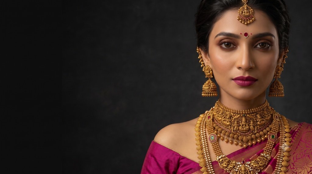 An Indian bride wearing an elaborate gold wedding jewellery set with choker, earrings and maang tikka