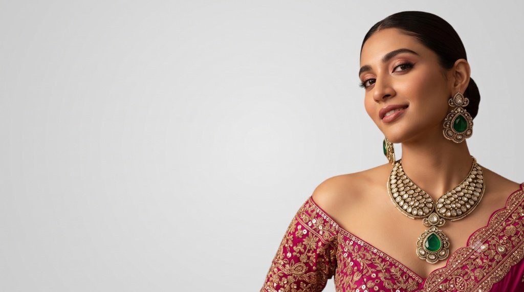 A bride in a regal magenta lehenga wearing an intricate uncut polki choker with green emerald pendant and matching chandelier earrings