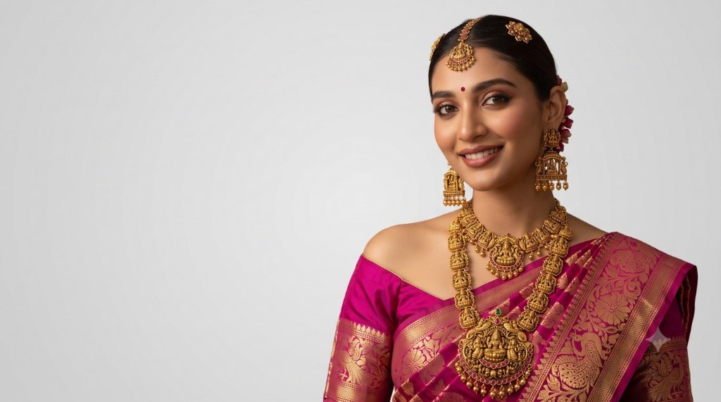 A bride in a magenta Kanjeevaram silk saree wearing a traditional Lakshmi temple gold haram, choker, and temple jhumkas