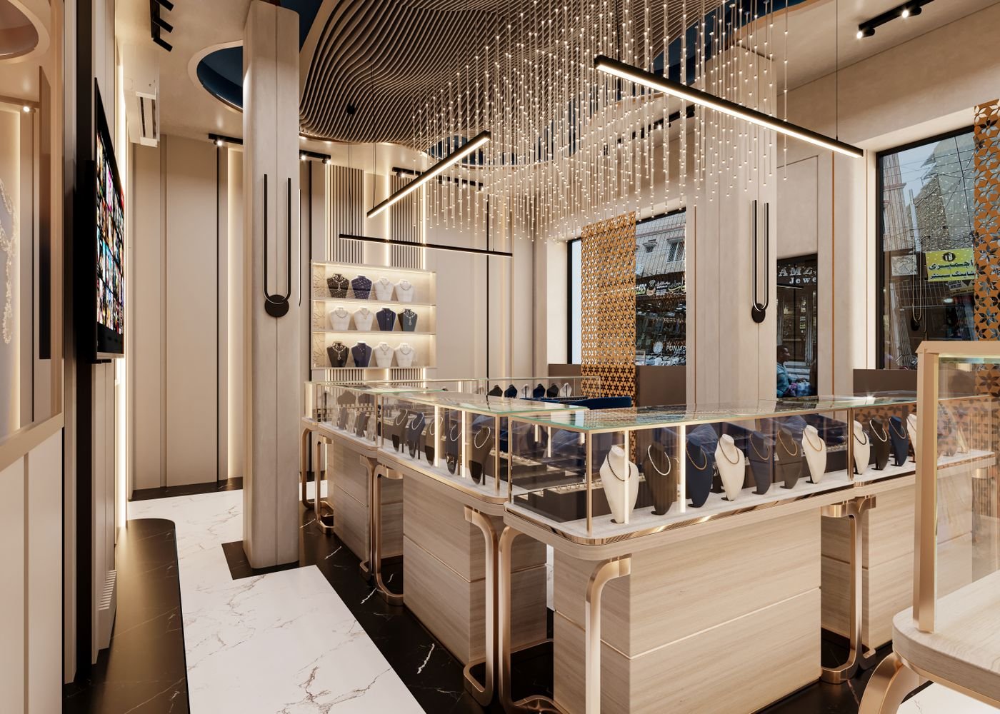 Inside a jewellery showroom: lit glass counters, necklace busts on backlit shelves and seating for customers