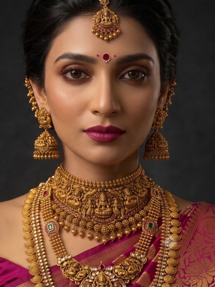 An Indian bride wearing the Rajmahal 22K bridal gold choker, long layered haar, ear cuffs and maang tikka set